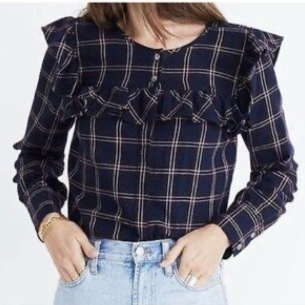 Madewell Plaid Ruffle Yoke Top Button Down Blouse Navy Maroon Cotton